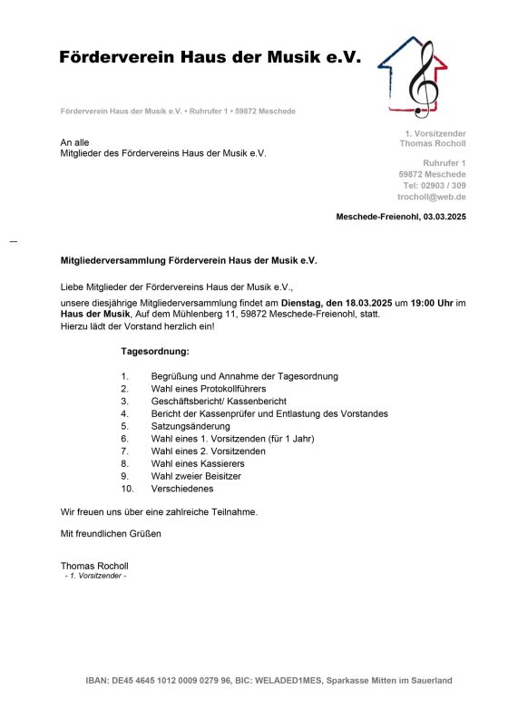 Mitgliederversammlung Förderverein „Haus der Musik“ 2025