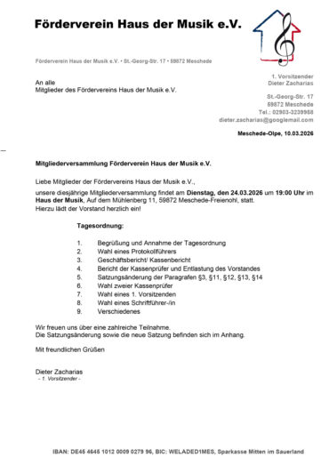 Mitgliederversammlung Förderverein „Haus der Musik“ 2026